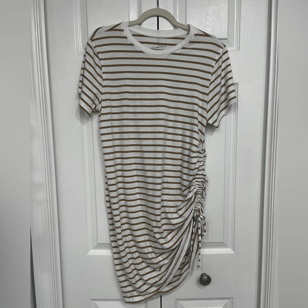 Universal Thread Tan and White Striped T-Shirt Dress With Cinched Side. Size Med